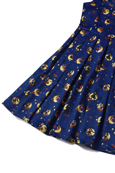 Witch Print in Blue Sleeveless Swing Dress