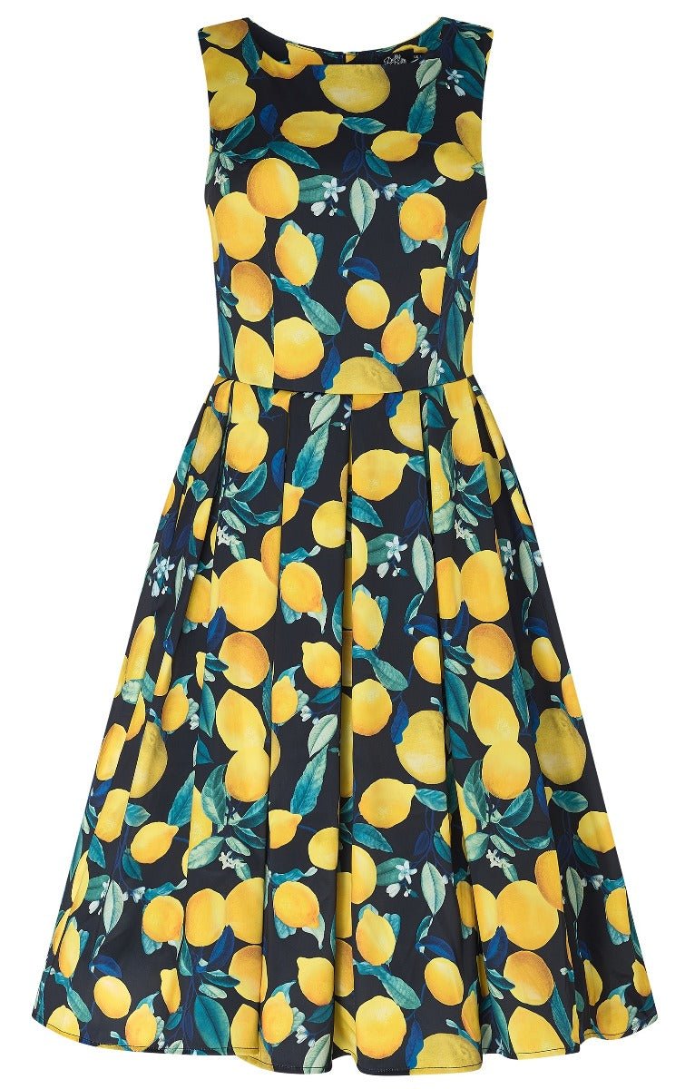 Annie Vintage Lemon Print Dress in Dark Blue by Dolly and Dotty