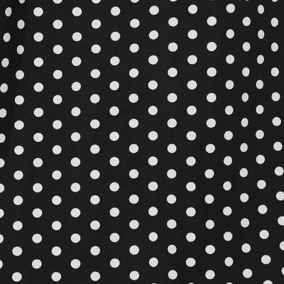 black fabric, with white polka dots