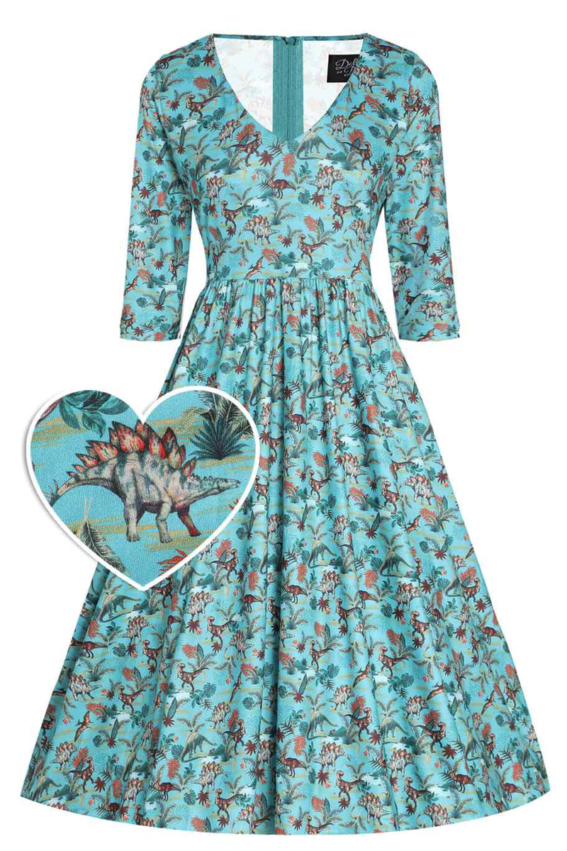 Front view of Turquoise Dinosaur Dress