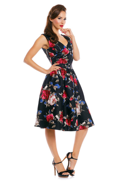 V-neck 50s Style Swing Dress in Black-Red Floral