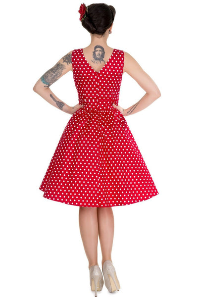 V-neck 50s Style Swing Dress in Red Polka
