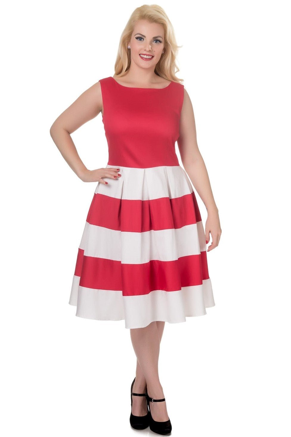 front view of model wearing our red and white striped Anna dress