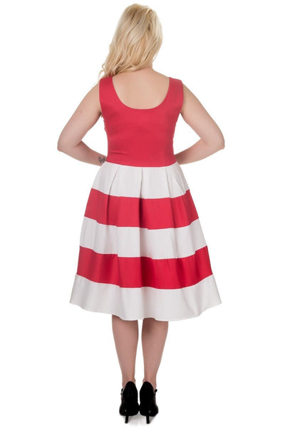 back view of model wearing our red and white striped, sleeveless Anna dress