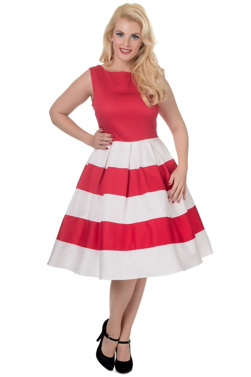 front view of model wearing our red and white striped Anna dress