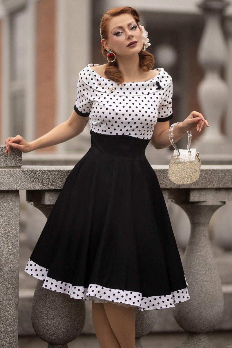 Darlene Retro Swing Dress in White/Black Polka Dot Print