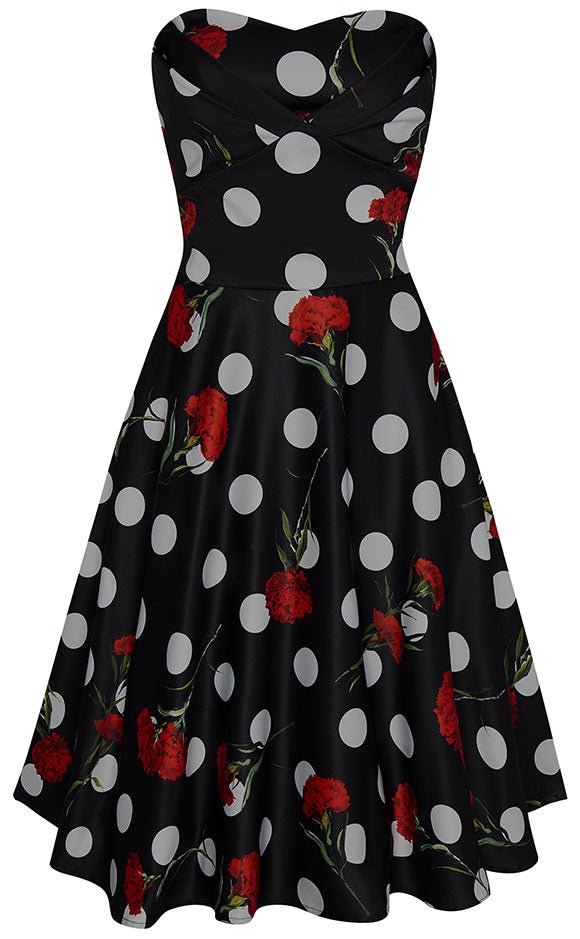 Retro Rockabilly Dress in Black with Red Flowers & White Polka
