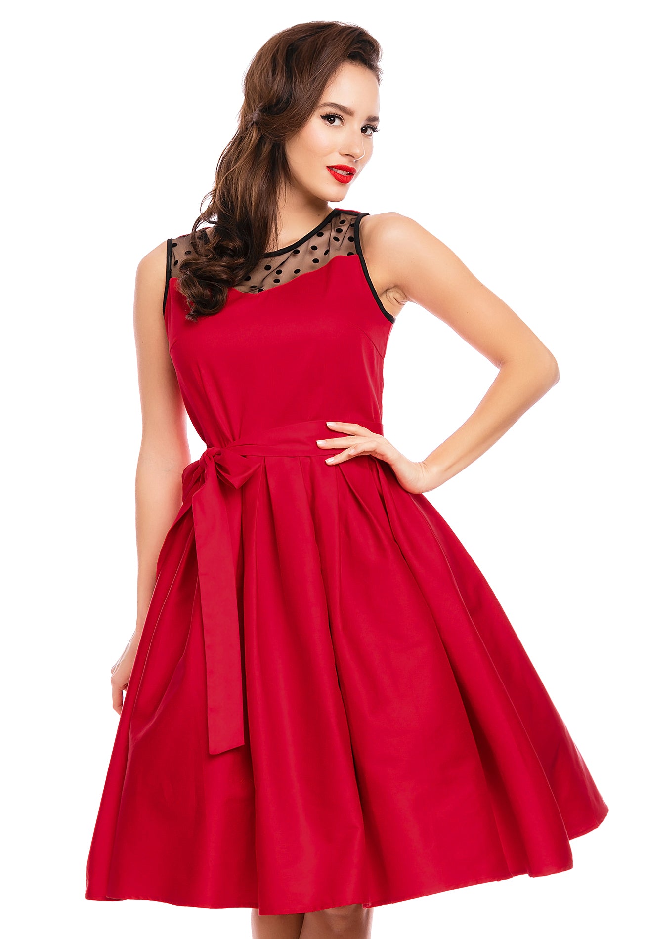Model wearing red retro dress close up