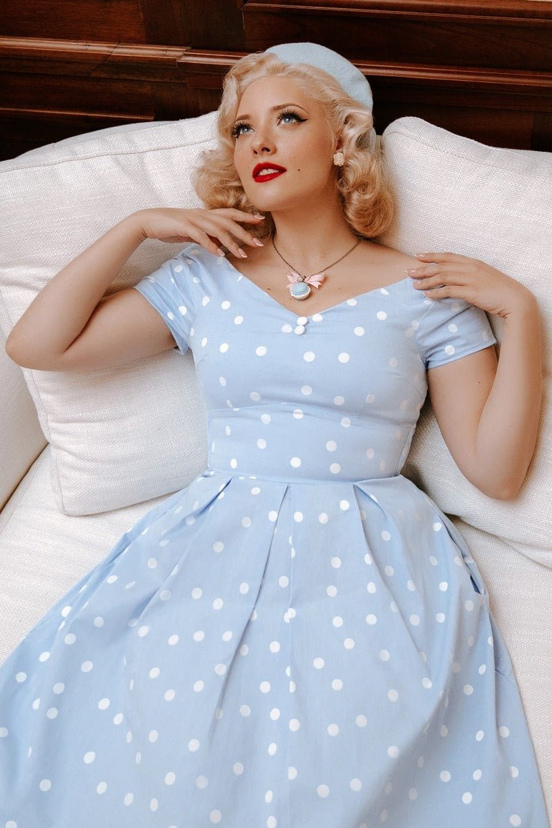 Lily Off-Shoulder Polka Dot Evening Dress in Baby Blue/White Lily Off-Shoulder Polka Dot Evening Dress in Baby Blue/White