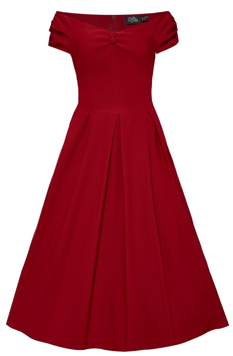 Lily Off-Shoulder 50's Evening Dress in Burgundy Red Lily Off-Shoulder 50's Evening Dress in Burgundy Red