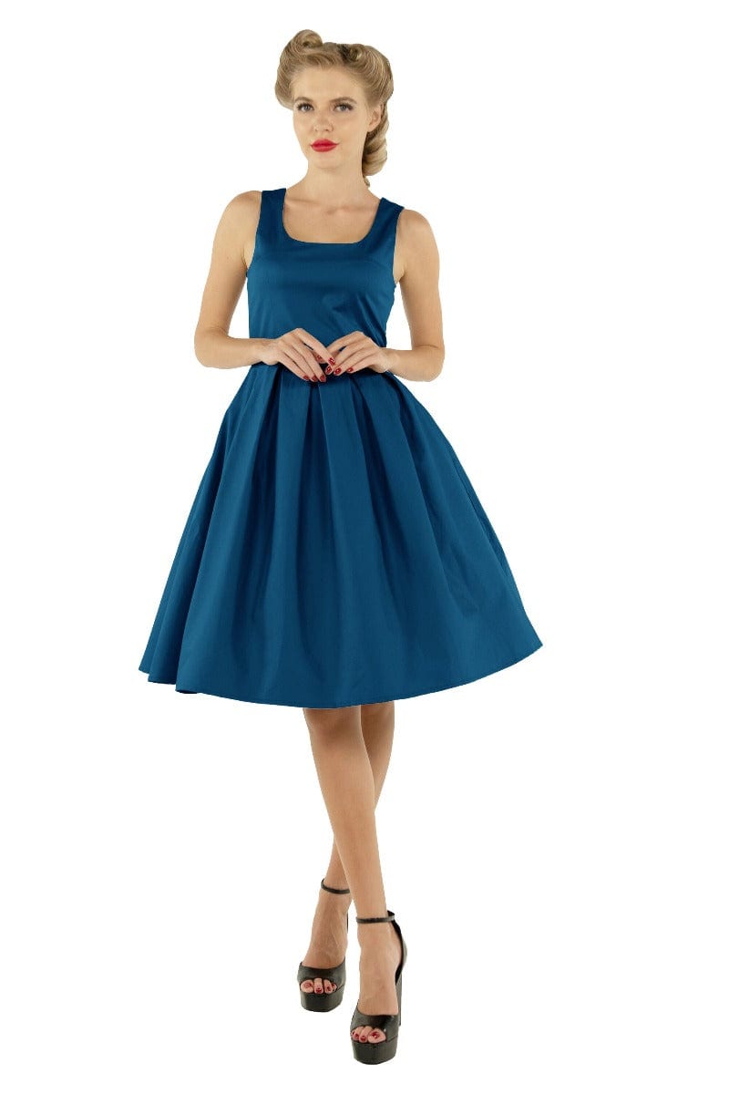 Amanda Scoop Neck Swing Dress in Plain Peacock Blue by Dolly and Dotty