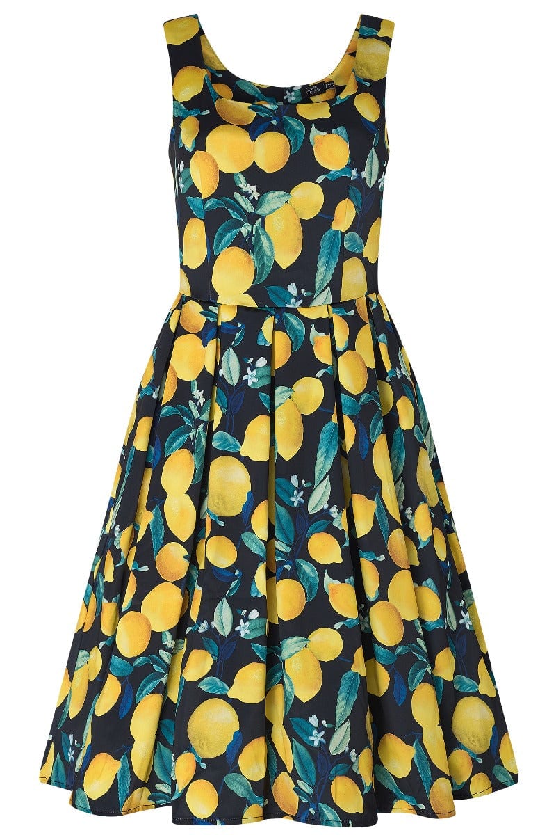 Amanda Dark Blue Retro Yellow Lemon Print Dress by Dolly and Dotty