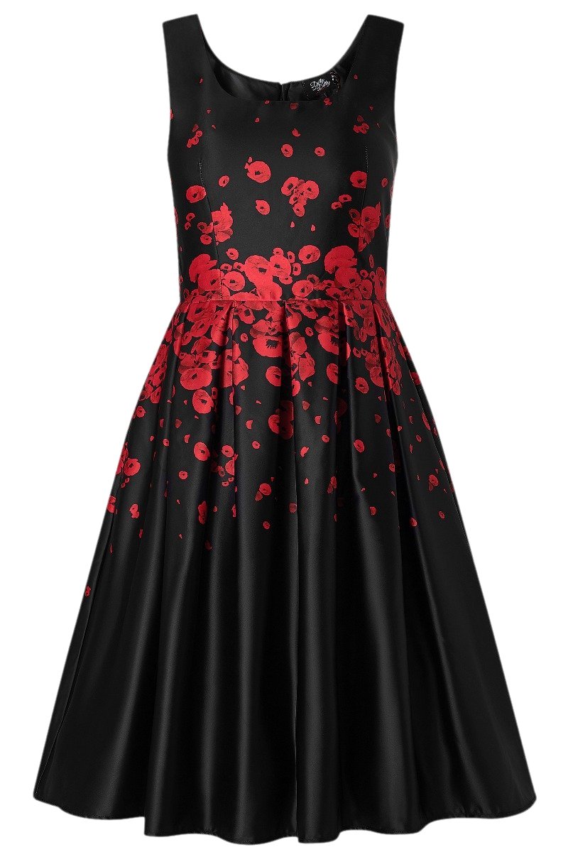 Amanda 50's Satin Dress in Black/Red Floral Poppy Print