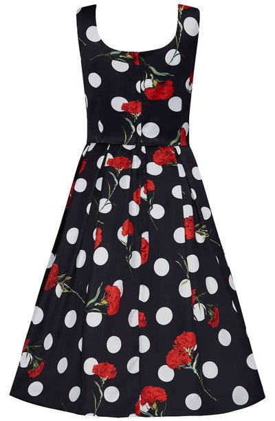 Black scoop neckline dress in large white spots and red roses print back view