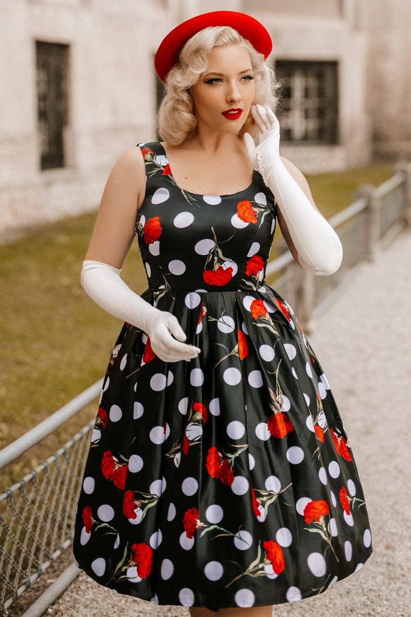 black and red polka dot dress Vintage Floral Rose Polka Dot Spot Swing Dress in Black/Red