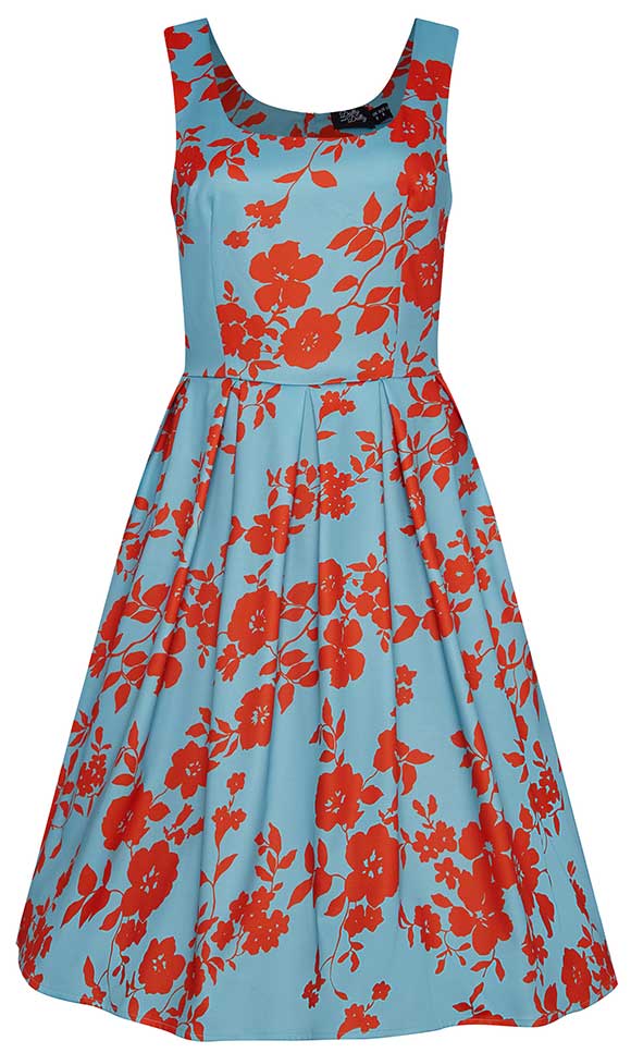 Amanda 50s Blue Swing Dress with Red Flowers by Dolly and Dotty