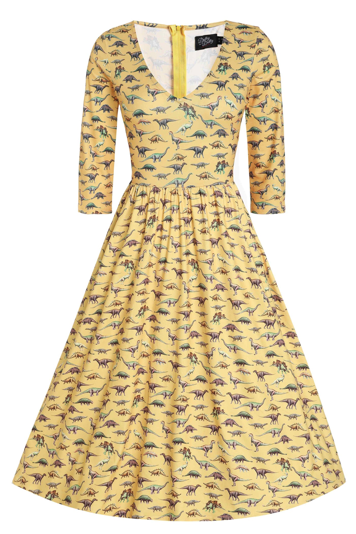 Front View of Vintage Dinosaur Yellow Long Sleeved Dress