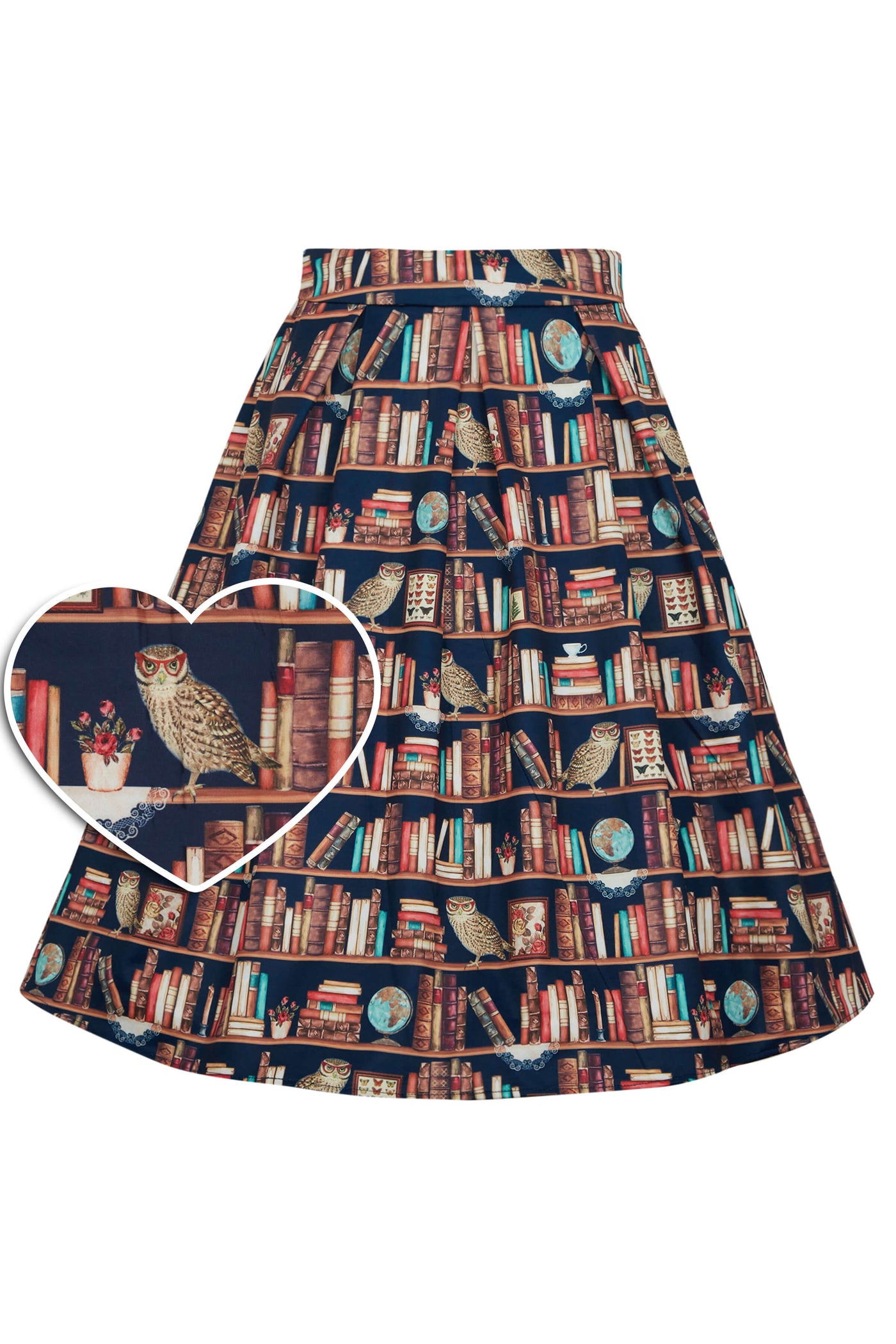 Vintage Inspired Book and Owl Print Skirt With Pockets front view