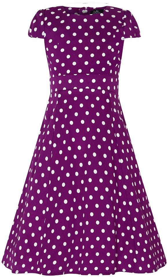 Purple dress with white polka dots on sale