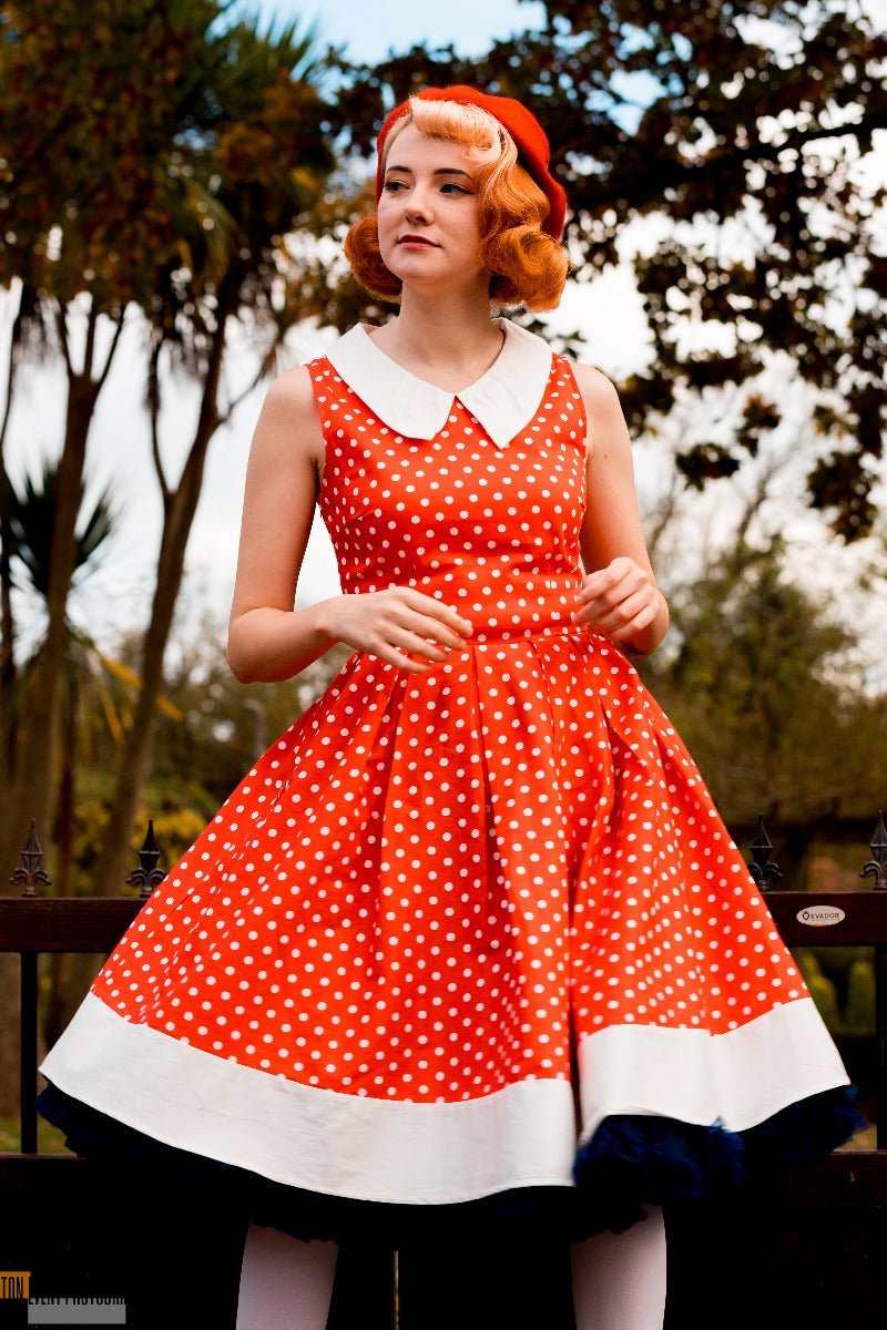Vintage Inspired Collared Swing Dress in Red & White Polka Dots