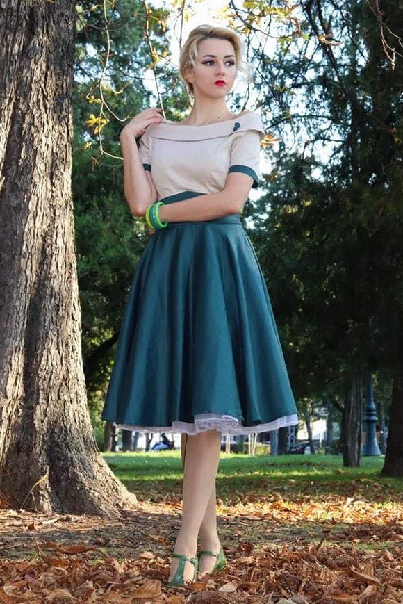 Darlene Retro Beige/Dark Green Swing Dress Dolly and Dotty