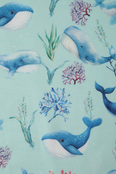 Close up View of Whale Print Swing Dress in Baby Blue