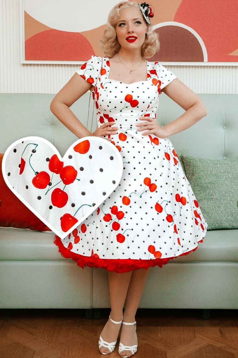 Claudia 50's Dress in White Cherry Dot Print Claudia 50's Dress in White Cherry Dot Print