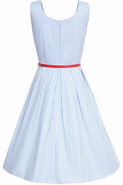Blue and white pin striped swing dress back view