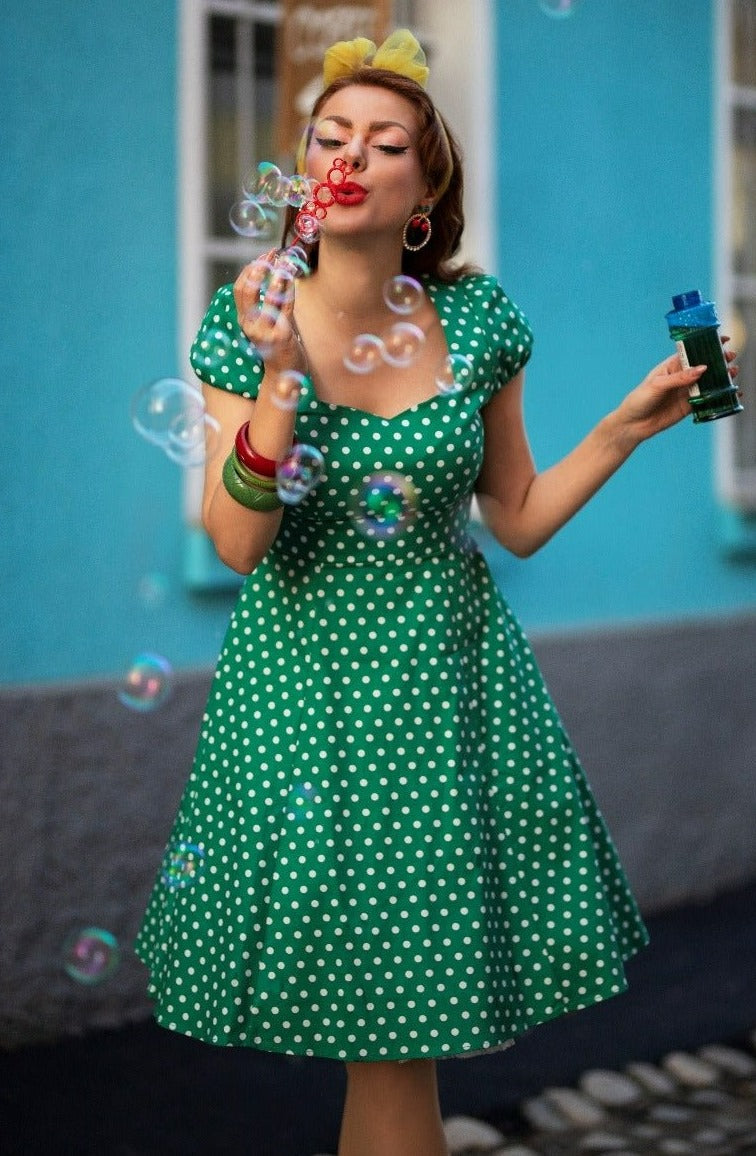green polka dot dress Claudia Green Polka Dot Swing Dress