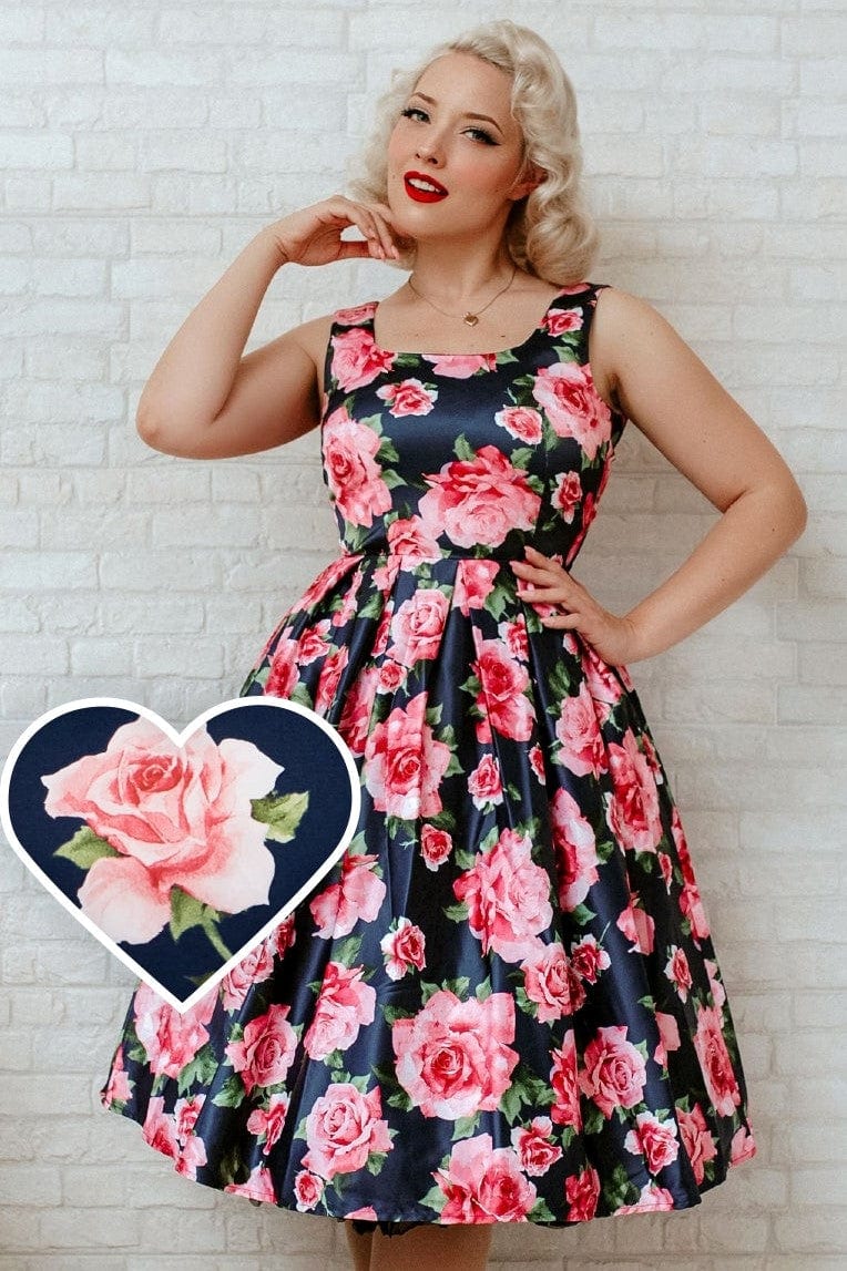 Amanda Navy Blue & Pink Roses Swing Dress - Dolly and Dotty Amanda Navy Blue & Pink Roses Swing Dress - Dolly and Dotty