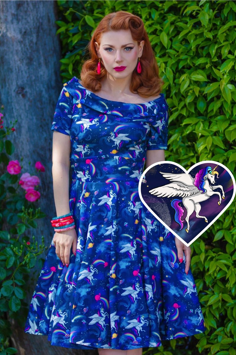 Darlene Off-Shoulder Swing Dress in Dark Blue Unicorn Space Print Darlene Off-Shoulder Swing Dress in Dark Blue Unicorn Space Print