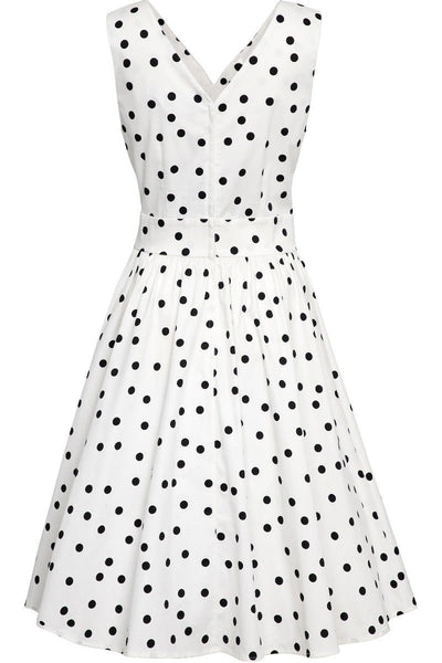 White wrap bust dress with black polka dots back