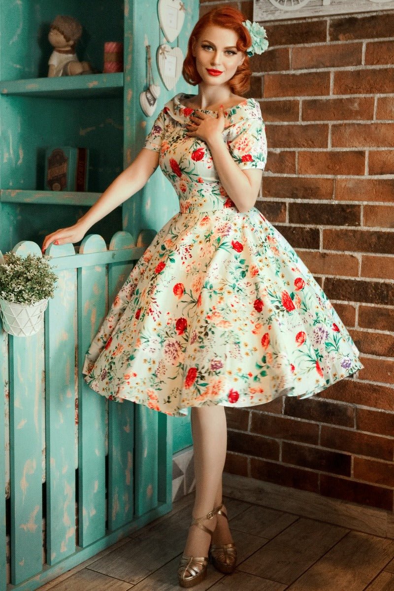 Darlene Floral Roses Swing Dress in Green Dolly and Dotty