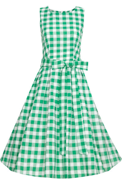 Green white gingham check print fit and flared dress