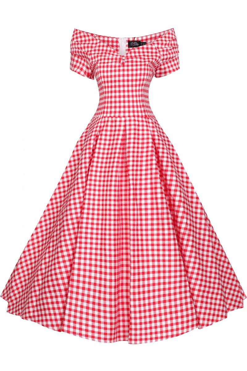 Short sleeved, off-shoulder flared dress, in red/white gingham print, front view