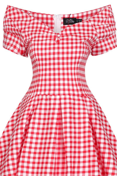 Short sleeved, off-shoulder flared dress, in red/white gingham print, top view