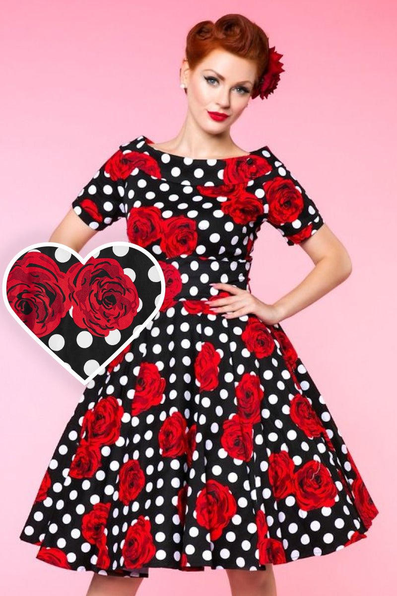 White Polka Dot & Red Rose Print Rockabilly 50s Swing Dress w