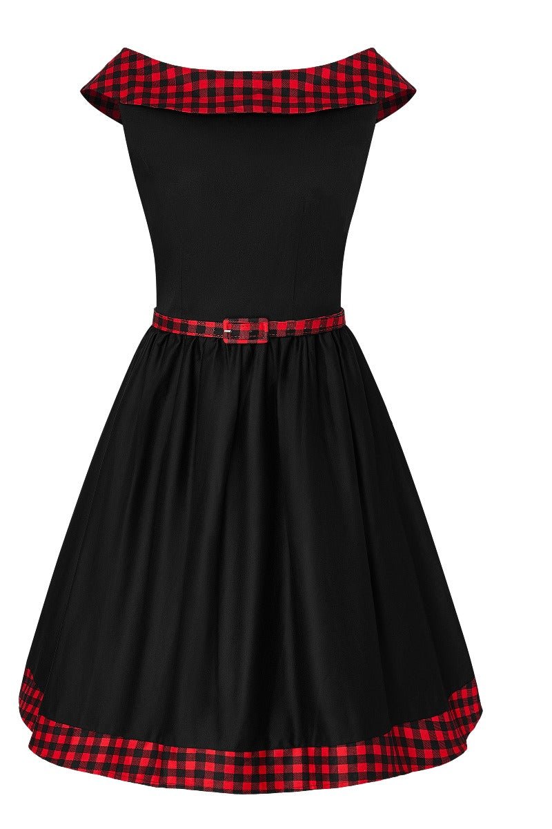 Black swing dress with red tartan 50's roll collar