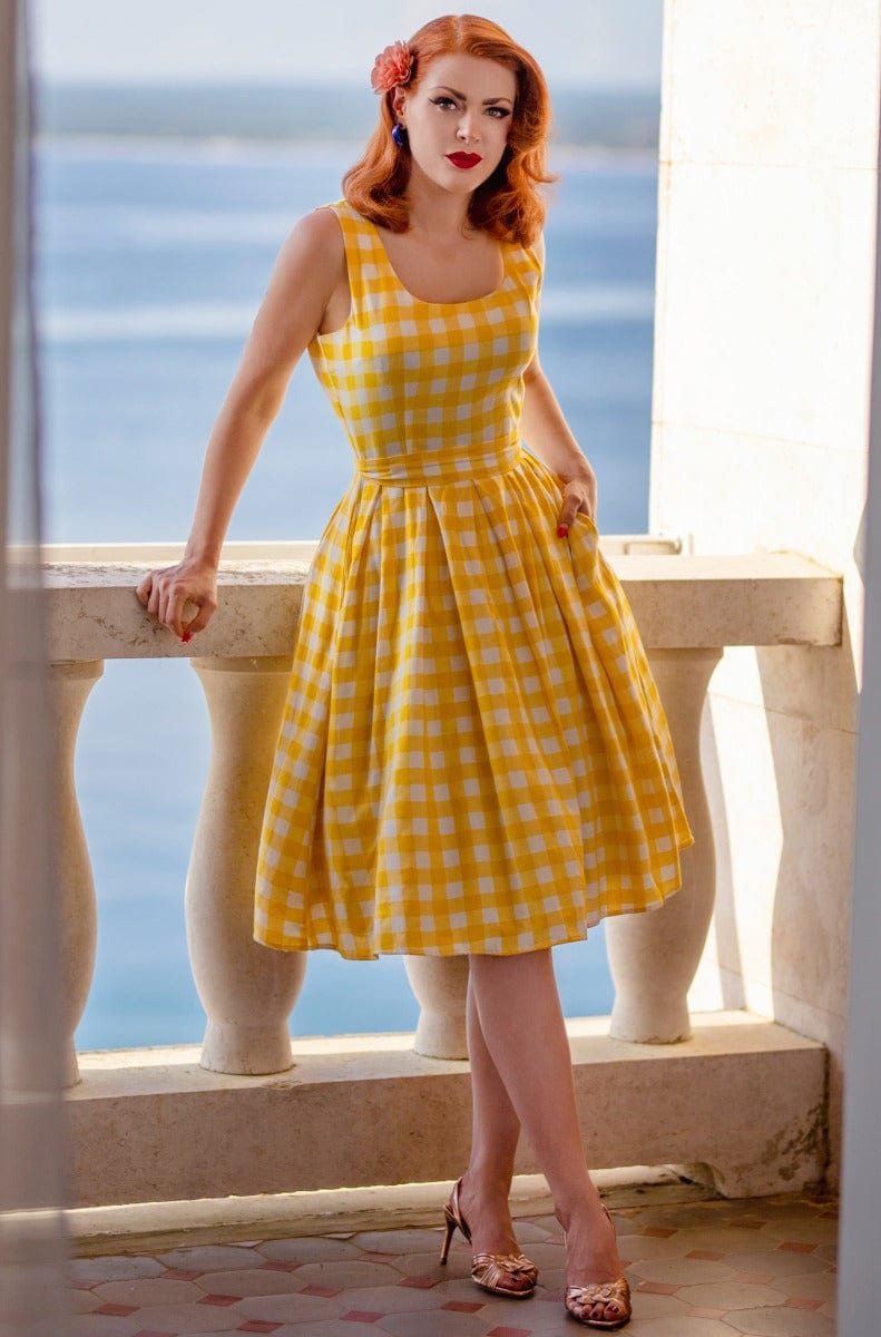Amanda Yellow Gingham Check Vintage Dress - Dolly and Dotty Amanda Yellow Gingham Check Vintage Dress - Dolly and Dotty