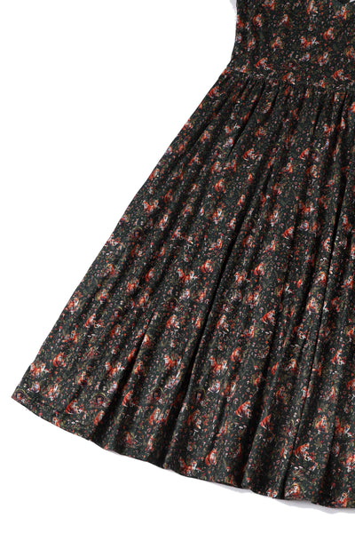 Close up View of Woodland Fox Den Print Dress in Brown