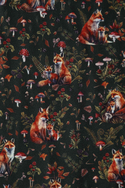 Close up View of Woodland Fox Den Print Dress in Brown