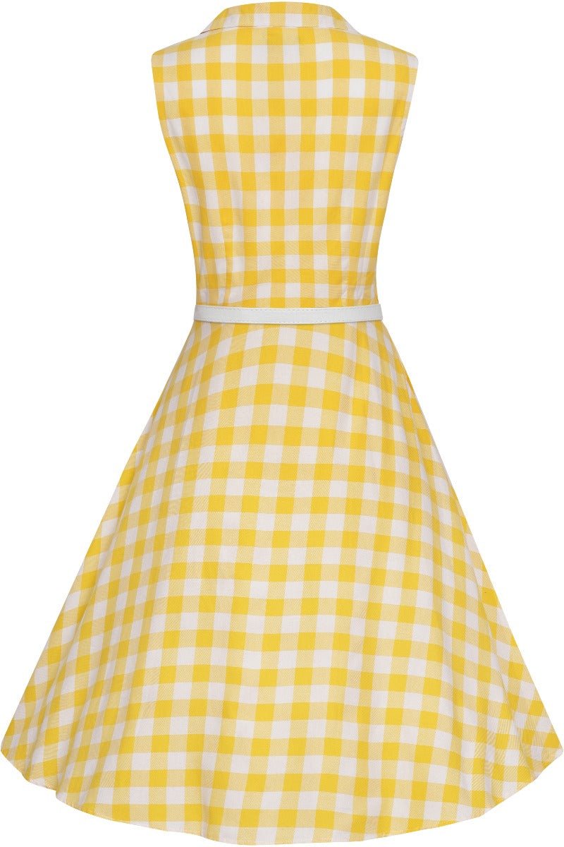 Sleeveless button-top swing dress, in yellow/white gingham check print, with white belt, back view