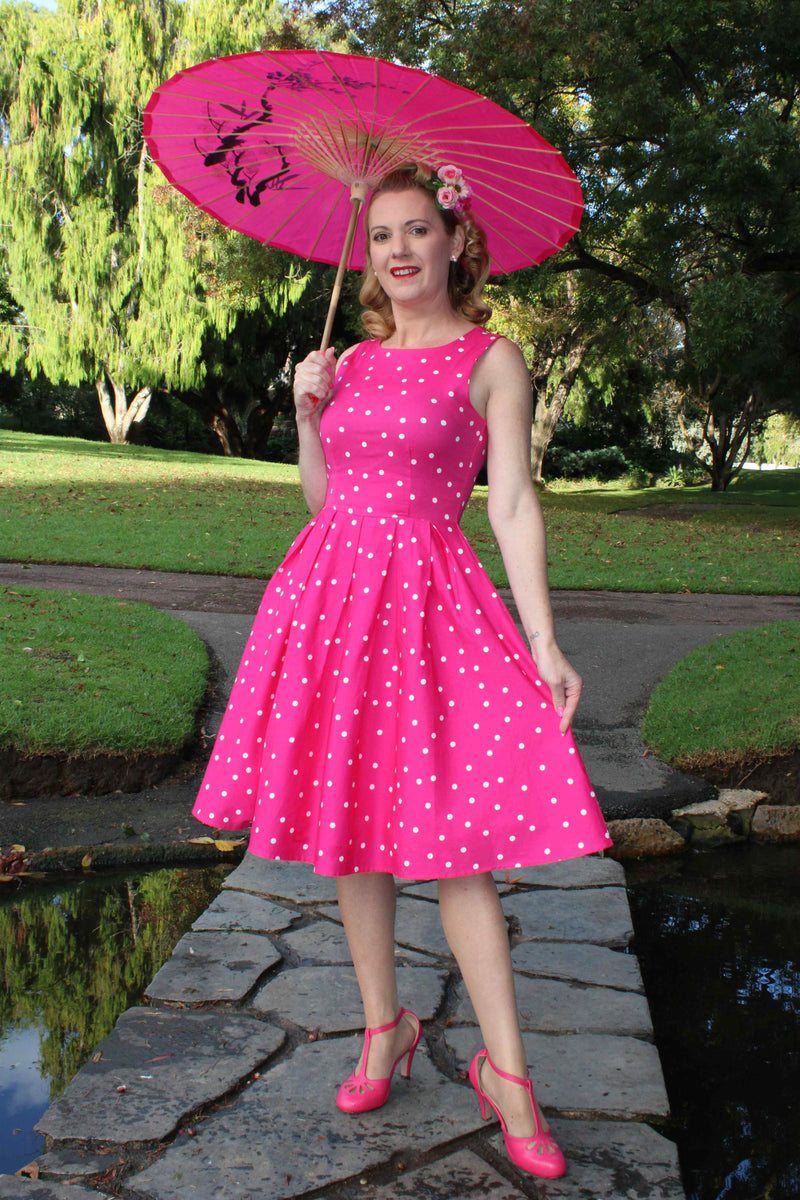 50s Retro Hot Pink Polka Dot Swing Dress