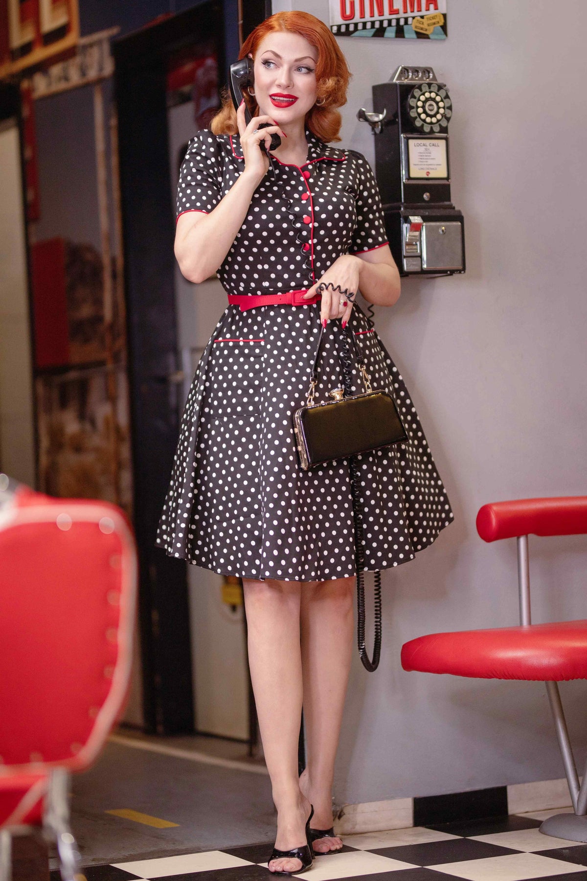 Penelope 50's Rockabilly Polka Dot Shirt Dress in Black