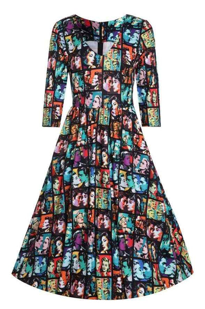 A Front view of 50s Romance Pop Art Black Flared Dress