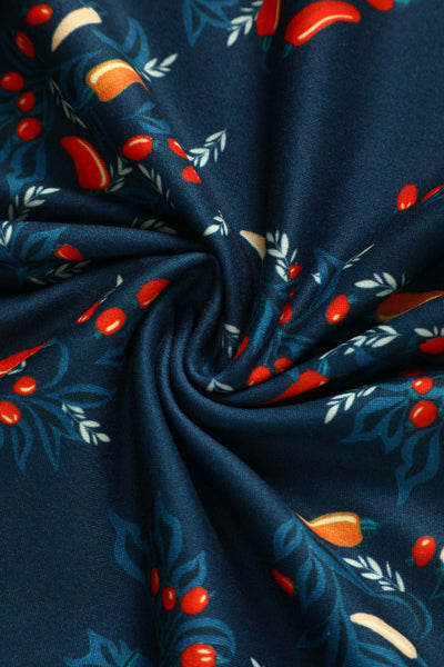Close up View of 50s style blue chili print vintage swing dress