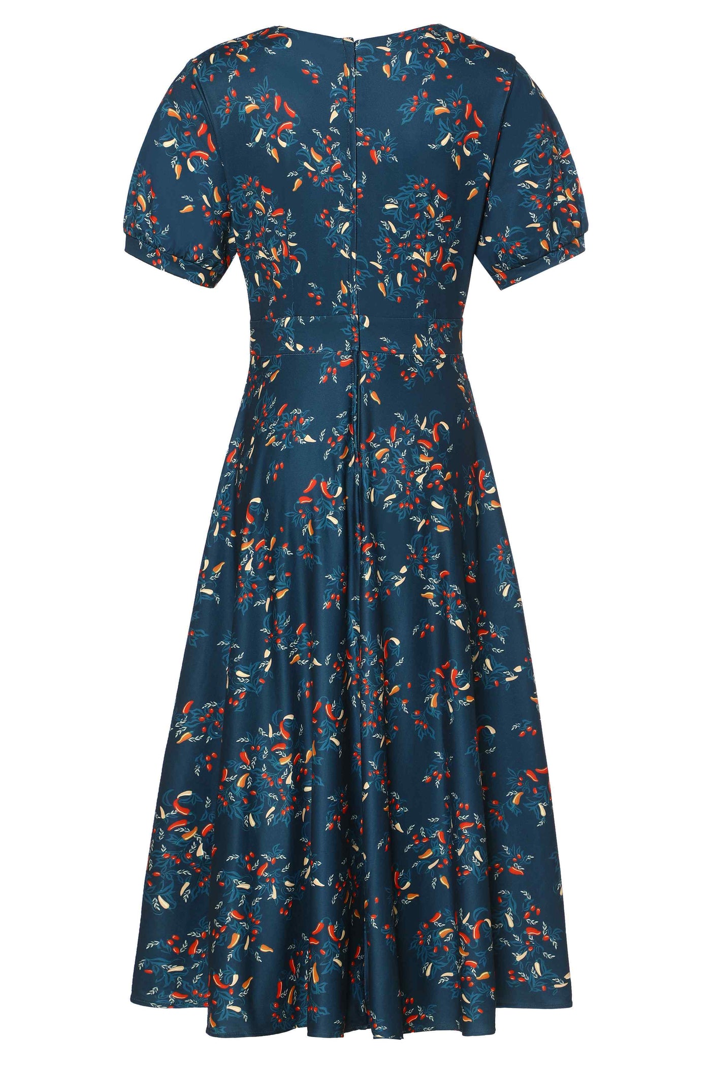 Back view of short sleeved blue midi dress, with red chili print