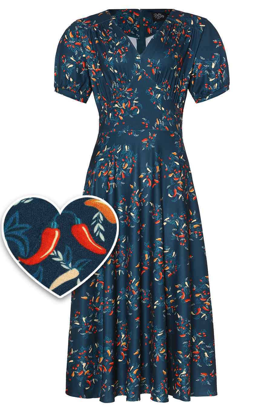 Front view of short sleeved blue midi dress, with red chili print