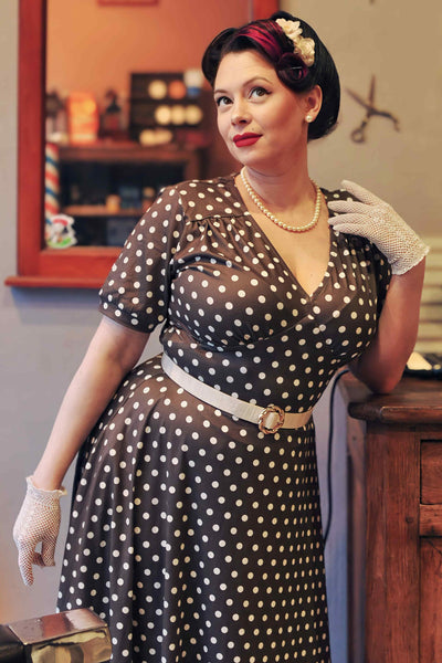 Model photo front view of 50s Style Brown Polka Dot Day Dress