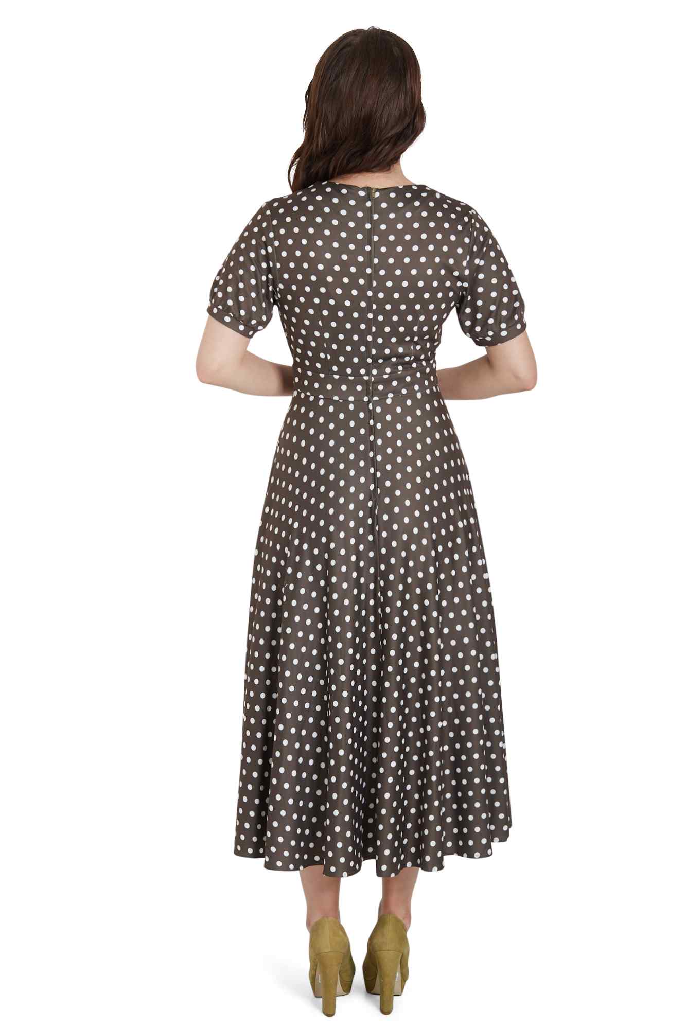 Model photo front view of 50s Style Brown Polka Dot Day Dress